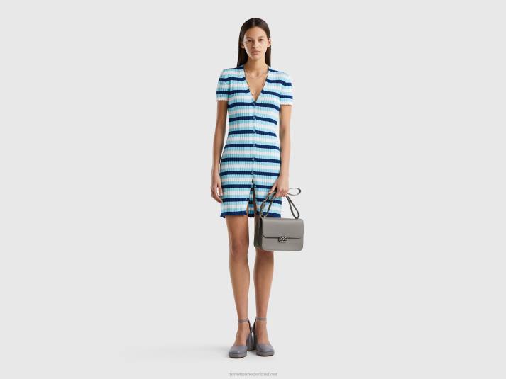 vrouwen Benetton korte gestreepte jurk met knopen lichtblauw 4R624011