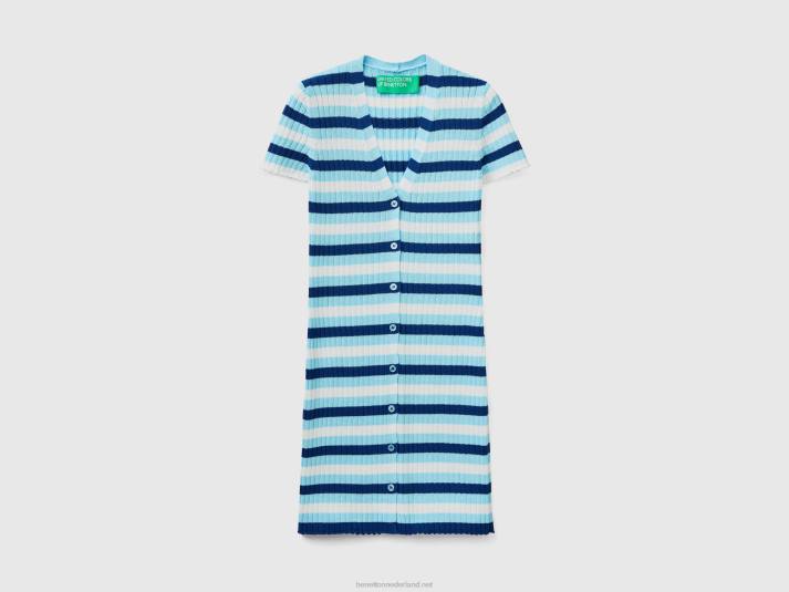 vrouwen Benetton korte gestreepte jurk met knopen lichtblauw 4R62550