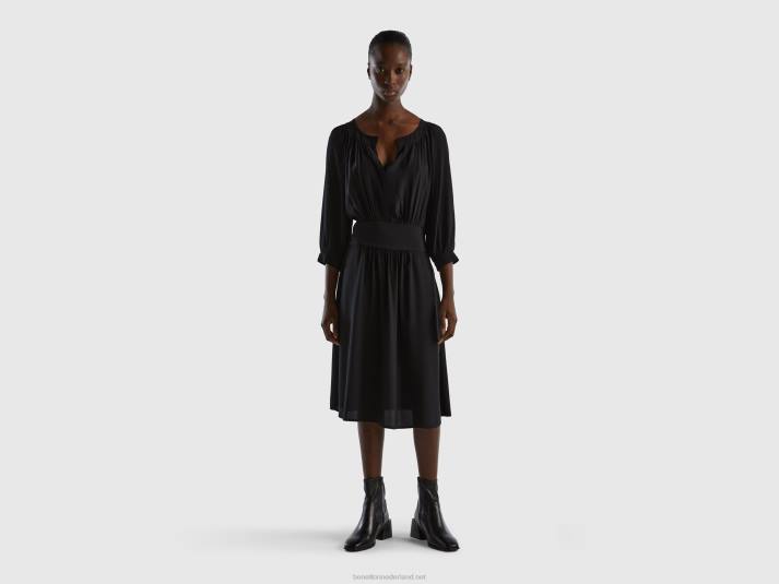 vrouwen Benetton jurk met v-hals van zuivere viscose zwart 4R62557