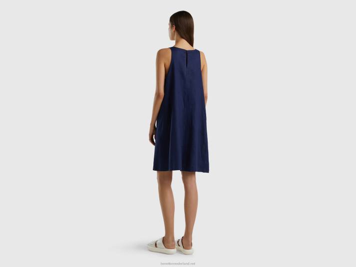 vrouwen Benetton mouwloze jurk van zuiver linnen donkerblauw 4R624024
