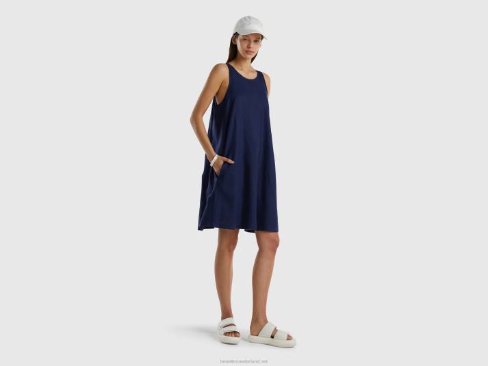 vrouwen Benetton mouwloze jurk van zuiver linnen donkerblauw 4R624024