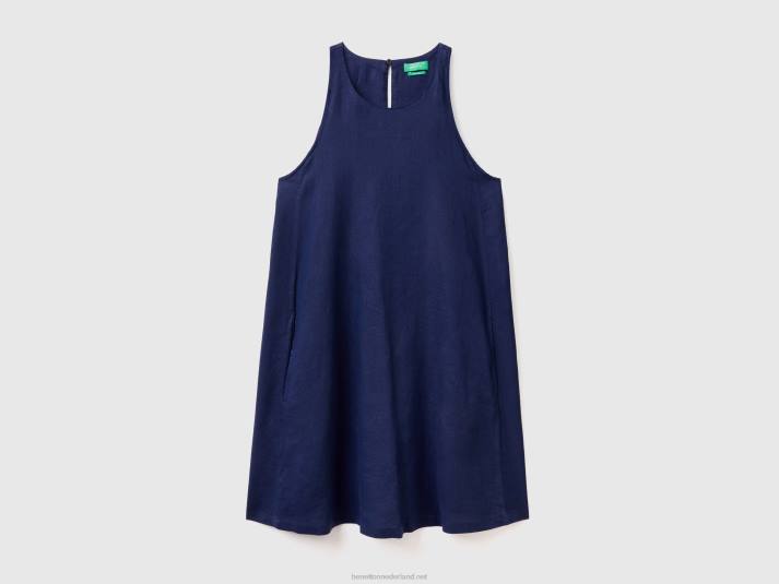 vrouwen Benetton mouwloze jurk van zuiver linnen donkerblauw 4R624024