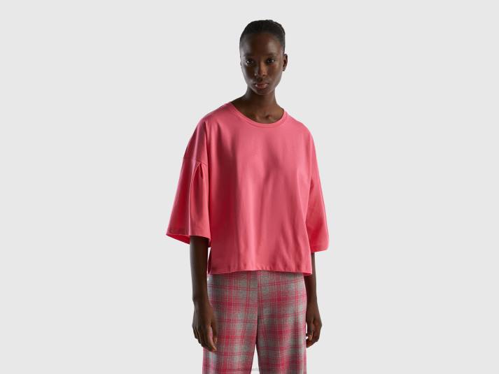 vrouwen Benetton t-shirt van langvezelig katoen fuchsia 4R624182