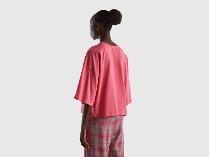 vrouwen Benetton t-shirt van langvezelig katoen fuchsia 4R62896