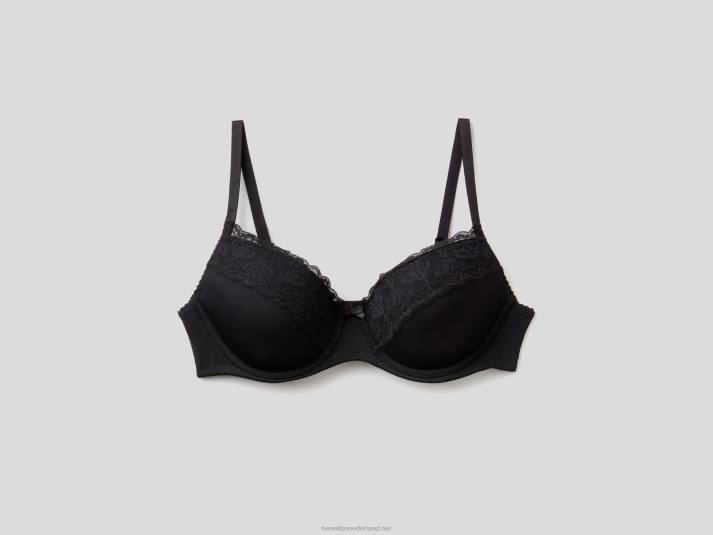 vrouwen Benetton voorgevormde bh met kant en strik zwart 4R624357