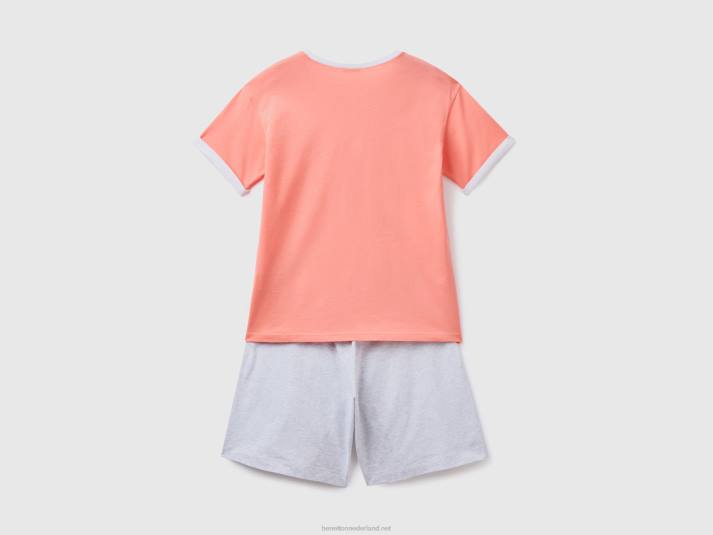 vrouwen Benetton korte pyjama van langvezelig katoen oranje koraal 4R621021