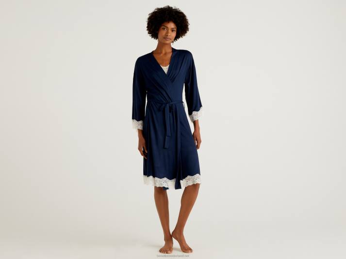 vrouwen Benetton nachtjapon met kanten detail donkerblauw 4R621066
