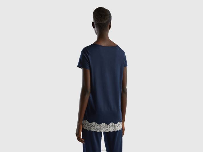 vrouwen Benetton soepel vallend T-shirt met korte mouwen en kant donkerblauw 4R621071