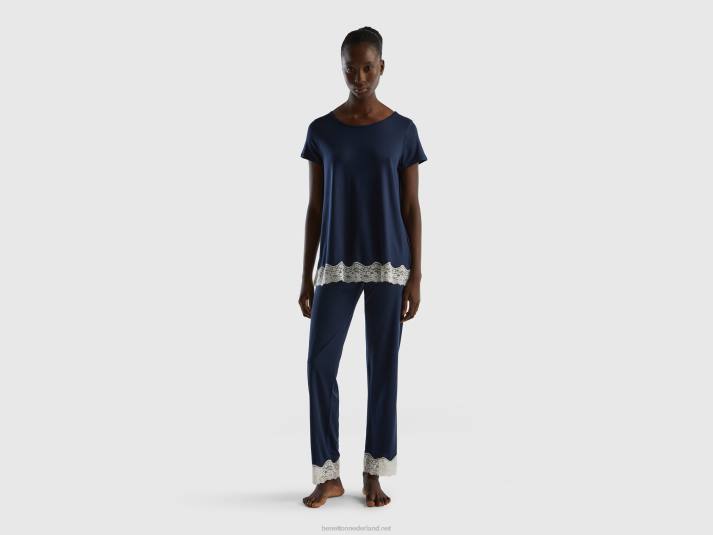 vrouwen Benetton soepel vallend T-shirt met korte mouwen en kant donkerblauw 4R621071