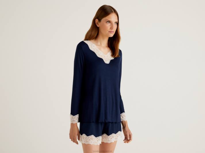vrouwen Benetton top met kanten detail donkerblauw 4R621069