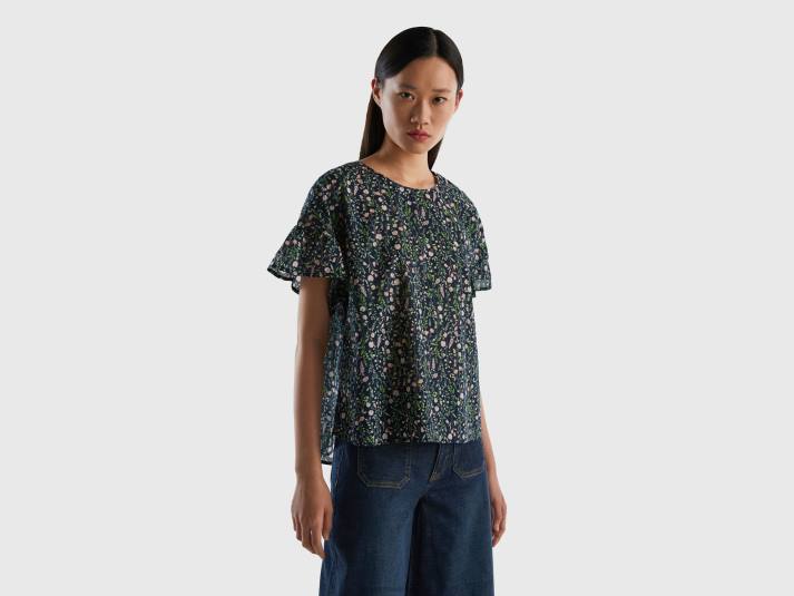 vrouwen Benetton gedessineerde blouse van zuivere katoen donkerblauw 4R623999