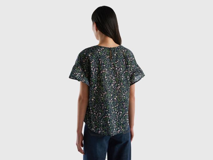 vrouwen Benetton gedessineerde blouse van zuivere katoen donkerblauw 4R623999