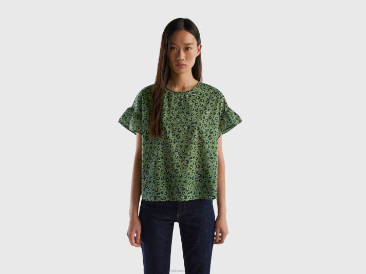 vrouwen Benetton gedessineerde blouse van zuivere katoen groente 4R623978