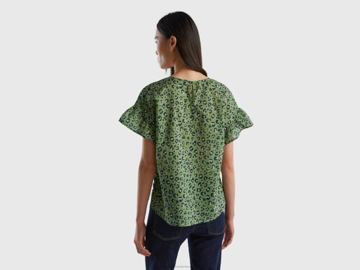 vrouwen Benetton gedessineerde blouse van zuivere katoen groente 4R62502