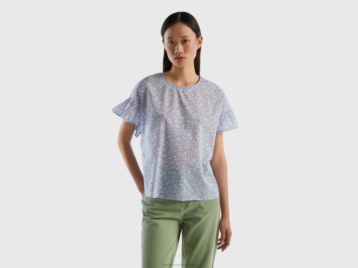 vrouwen Benetton gedessineerde blouse van zuivere katoen lichtblauw 4R623962