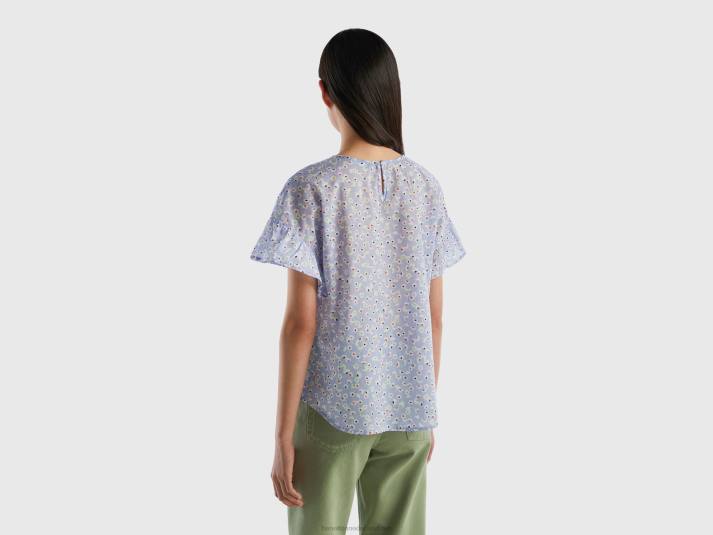 vrouwen Benetton gedessineerde blouse van zuivere katoen lichtblauw 4R62492