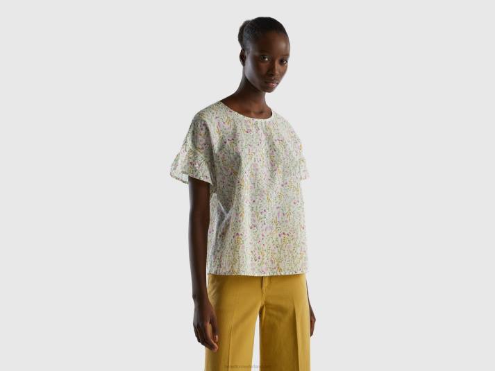 vrouwen Benetton gedessineerde blouse van zuivere katoen wit 4R62480