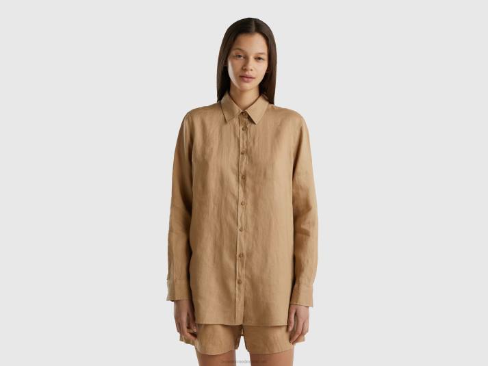 vrouwen Benetton lang hemd van zuiver linnen kameel 4R623998