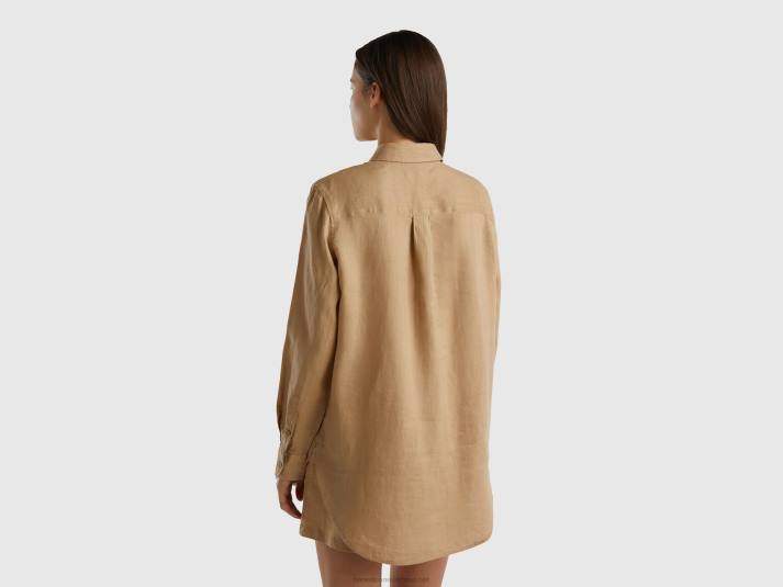 vrouwen Benetton lang hemd van zuiver linnen kameel 4R623998