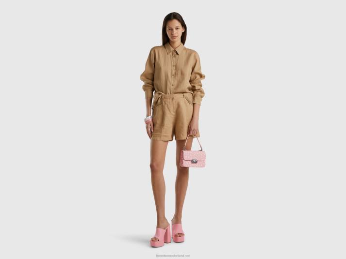 vrouwen Benetton lang hemd van zuiver linnen kameel 4R623998