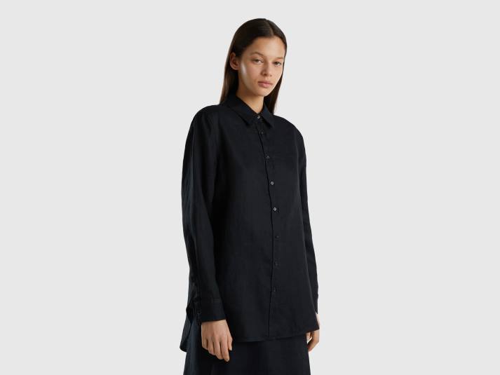 vrouwen Benetton lang hemd van zuiver linnen zwart 4R62510
