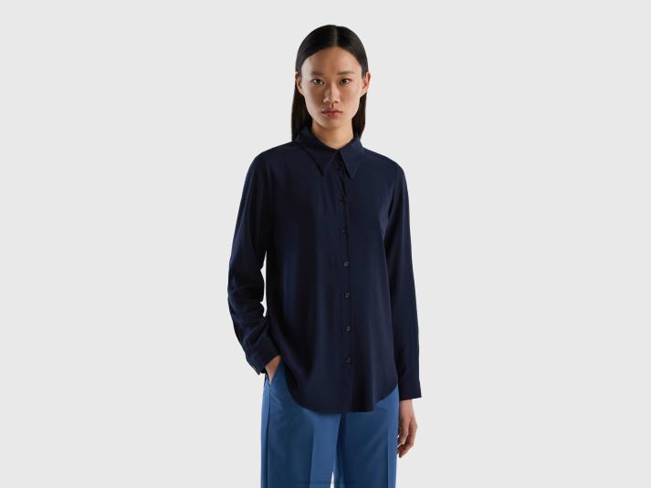 vrouwen Benetton regular fit overhemd van duurzame viscose donkerblauw 4R62482