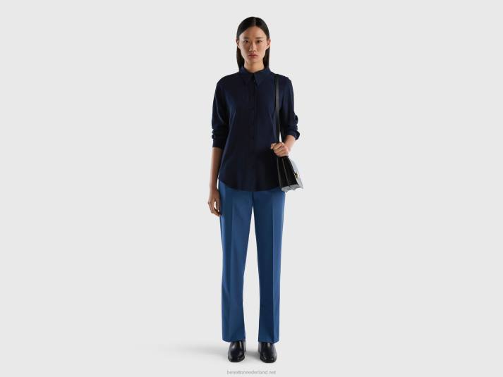 vrouwen Benetton regular fit overhemd van duurzame viscose donkerblauw 4R62482