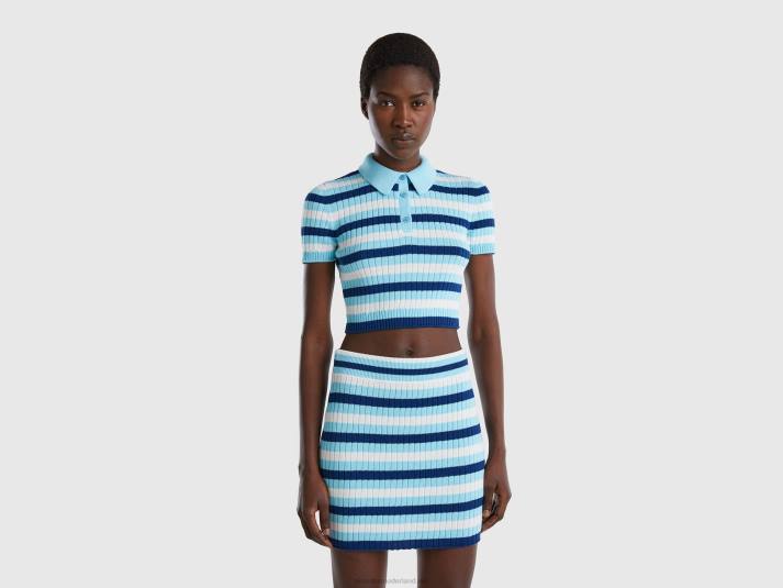 vrouwen Benetton gestreepte cropped polo lichtblauw 4R623538