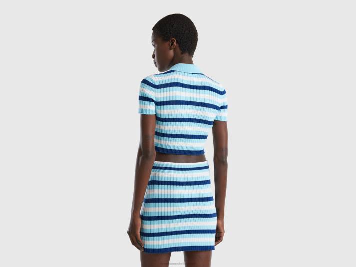 vrouwen Benetton gestreepte cropped polo lichtblauw 4R6270