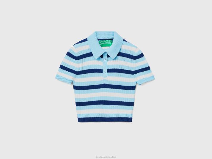 vrouwen Benetton gestreepte cropped polo lichtblauw 4R6270