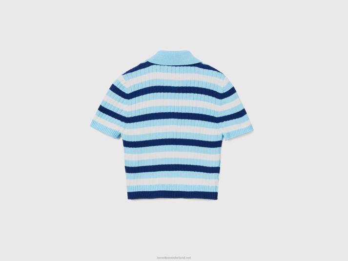 vrouwen Benetton gestreepte cropped polo lichtblauw 4R6270