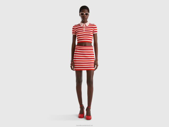 vrouwen Benetton gestreepte cropped polo rood 4R623505