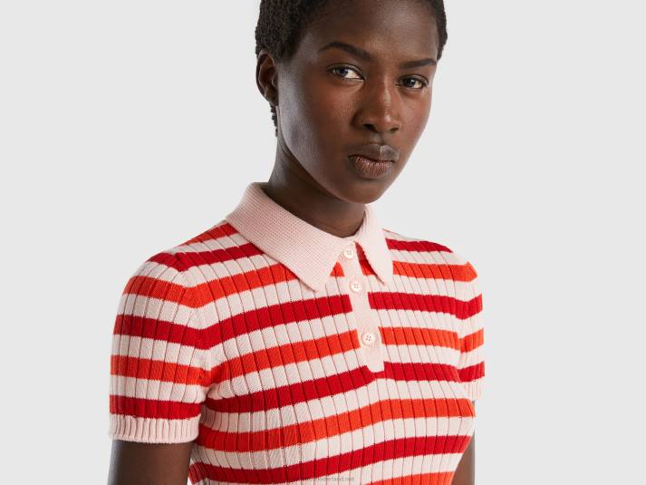vrouwen Benetton gestreepte cropped polo rood 4R623505