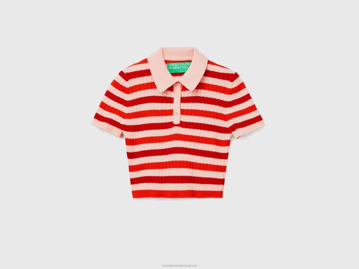 vrouwen Benetton gestreepte cropped polo rood 4R623505