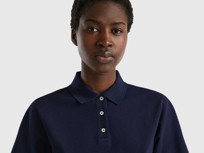 vrouwen Benetton polo van biologisch stretchkatoen donkerblauw 4R62333