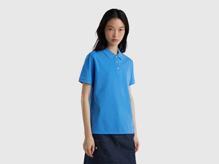 vrouwen Benetton polo van biologisch stretchkatoen lichtblauw 4R62411