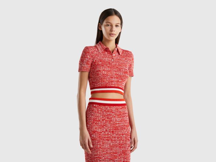 vrouwen Benetton rode cropped gebreide polo rood 4R623550