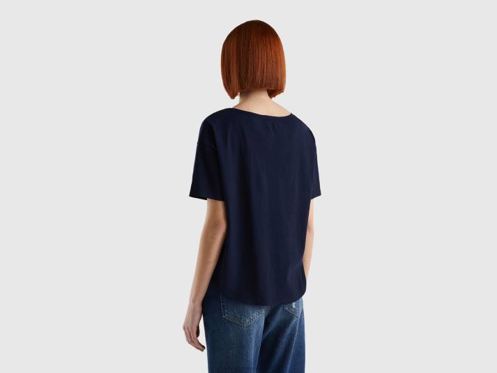 vrouwen Benetton T-shirt met korte mouwen van lichtgewicht katoen donkerblauw 4R62383
