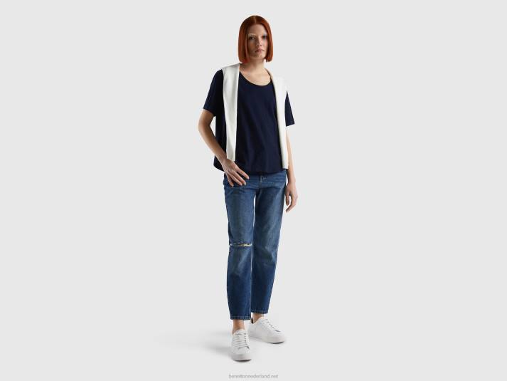 vrouwen Benetton T-shirt met korte mouwen van lichtgewicht katoen donkerblauw 4R623847