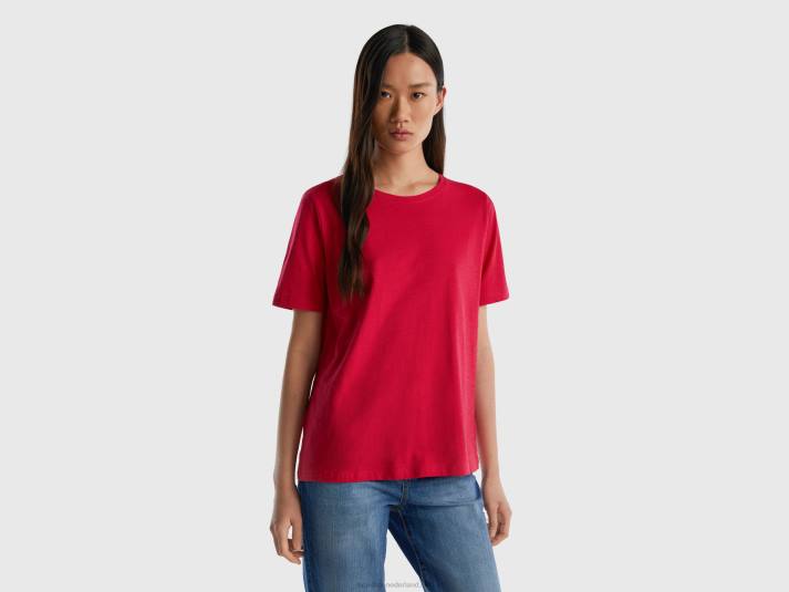vrouwen Benetton T-shirt met ronde hals van slubkatoen fuchsia 4R62335