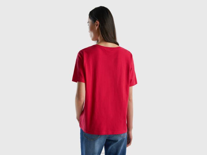 vrouwen Benetton T-shirt met ronde hals van slubkatoen fuchsia 4R62335