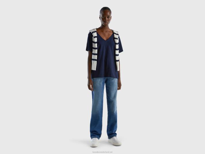 vrouwen Benetton T-shirt met v-hals van slubkatoen donkerblauw 4R62364