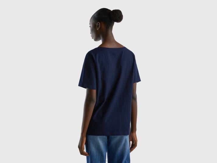 vrouwen Benetton T-shirt met v-hals van slubkatoen donkerblauw 4R623792