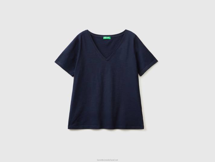 vrouwen Benetton T-shirt met v-hals van slubkatoen donkerblauw 4R623792