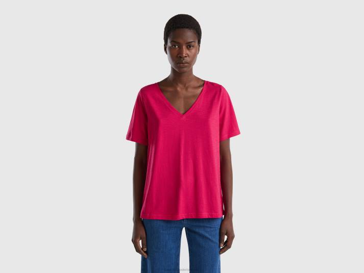 vrouwen Benetton T-shirt met v-hals van slubkatoen fuchsia 4R623790