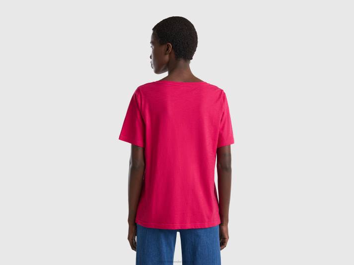 vrouwen Benetton T-shirt met v-hals van slubkatoen fuchsia 4R623790