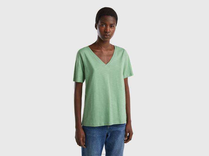 vrouwen Benetton T-shirt met v-hals van slubkatoen groente 4R62348