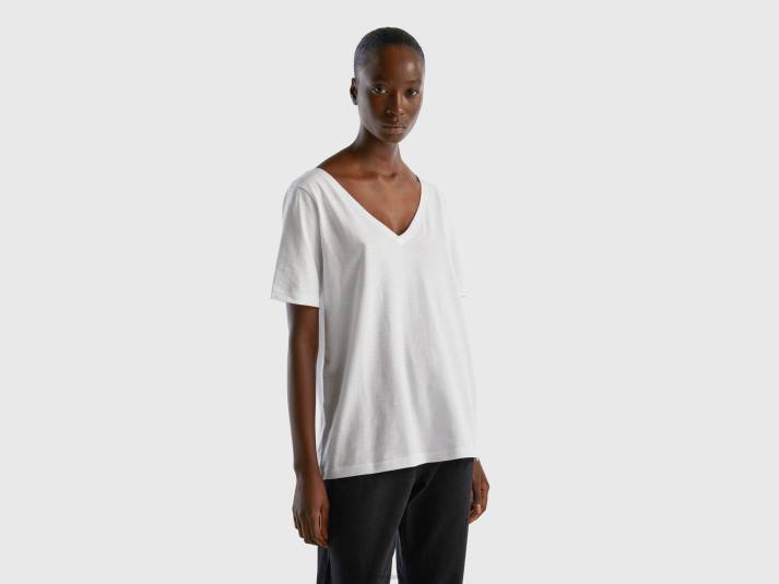vrouwen Benetton T-shirt met v-hals van slubkatoen wit 4R62336