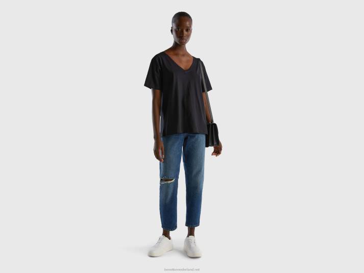 vrouwen Benetton T-shirt met v-hals van slubkatoen zwart 4R62365