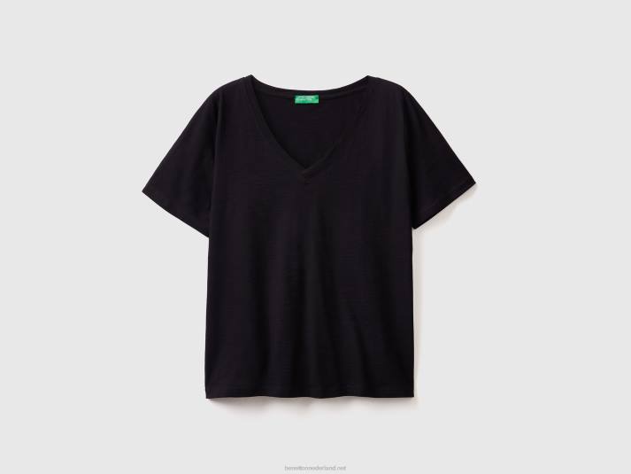 vrouwen Benetton T-shirt met v-hals van slubkatoen zwart 4R62365